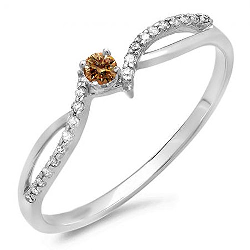 0.15 Carat (ctw) 10K Gold Champagne & White Diamond Crossover Split Shank Bridal Promise Engagement Ring