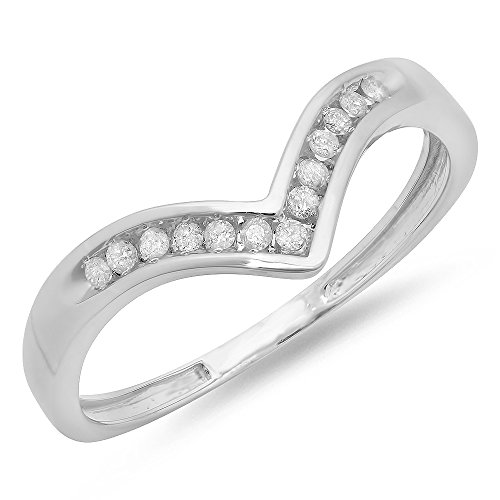 0.10 Carat (ctw) 10K White Gold Round Diamond Wedding Stackable Anniversary Guard Chevron Ring 1/10 CT