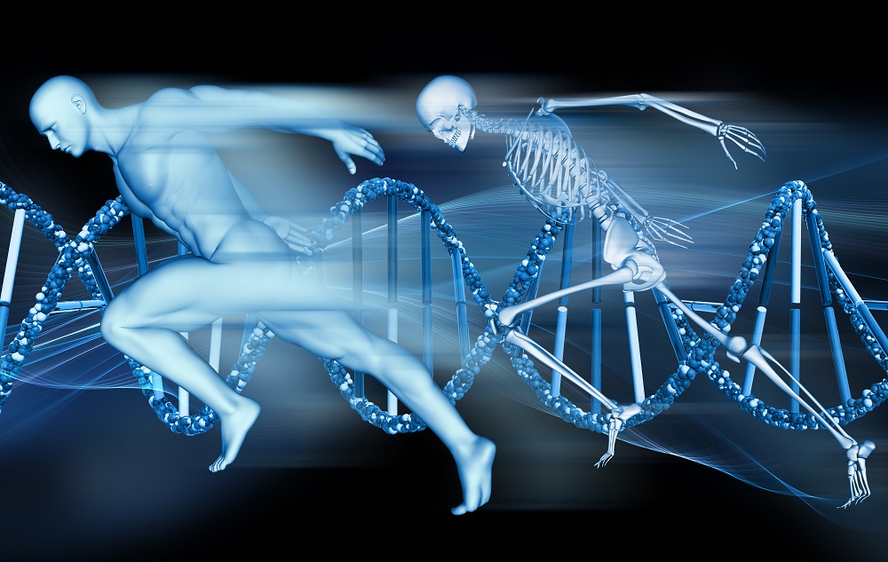 3d Medical Background With Male Figure And Skeleton Sprinting On Dna Strands