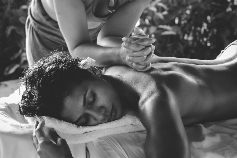 Massage reliefs stress - black and white photo